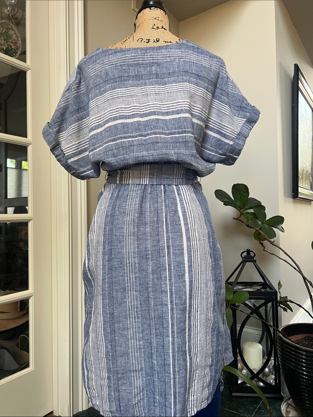 Blue/White Sz M Linen/Cotton Striped Button-Front Dress Coastal Preppy Travel - Picture 2 of 10